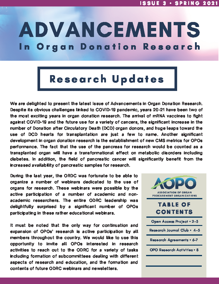 Advancements in Organ Donation Research Spring 2021 Page 1