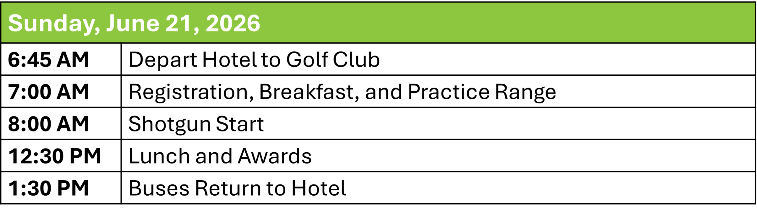 2026 Golf Schedule Table